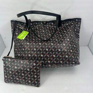 SAM EDELMAN HARPER MONOGRAM SHOPPER TOTE WITH SMALL POUCH, BLACK COLOR